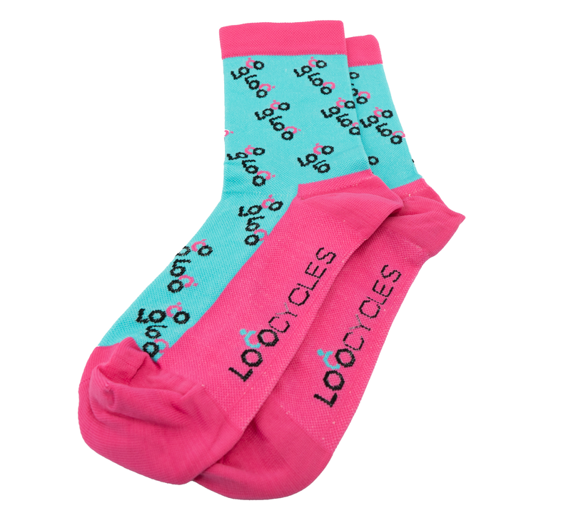 Loco Crew Socks- Allover Logo - Teal/Pink